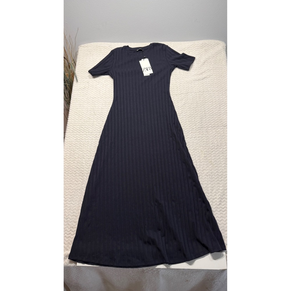 Zara Womens Navy Blue Ribbed Short Sleeve Maxi Dress 4174/653/401 Size S NWT